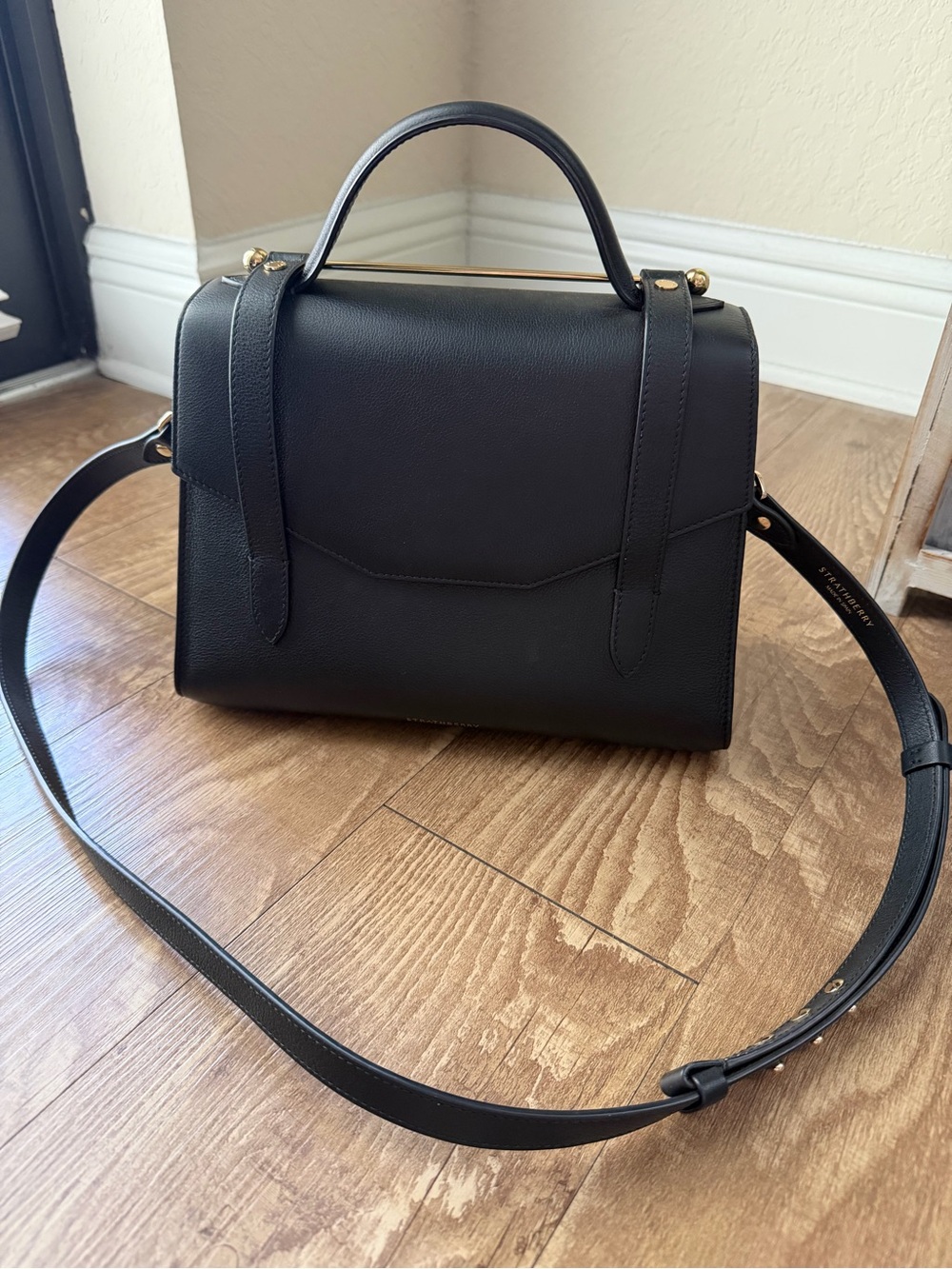 Strathberry Black Leather Crossbody Bag with Gold Hardware Allegro Midi